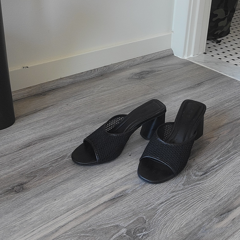 Black Mesh Block Heel Sandals